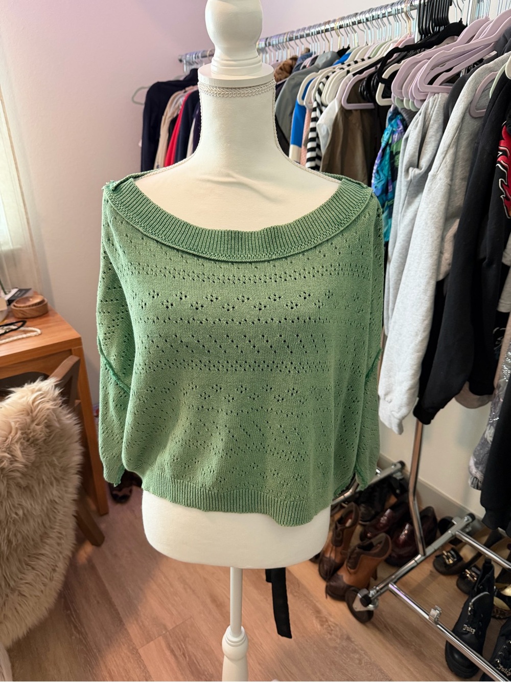 Free People Sage Green Off-the-Shoulder Open-Knit Sweater